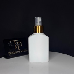 100 ML Beyaz Yassı Plastik Şişe - Gold Şeffaf Spreyli