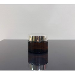 50 ml Amber Cam Krem Kavanozu Parlak Gümüş Kapaklı Tıpalı